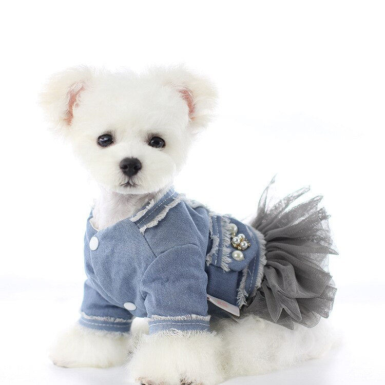 Warm Winter Dog Dress Coat Fleece  Denim Top Princess Dog Jacket Clothes for Small Dogs Tulle XS S M L XL