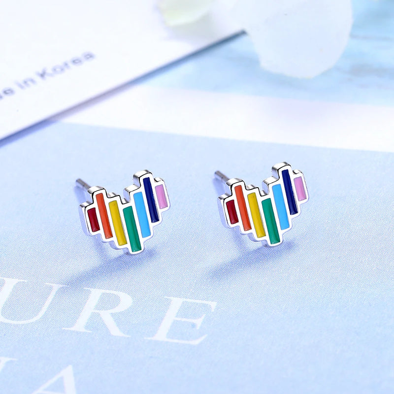 New Arrivals Cute Rainbow Hearts Jewelry For Women Girl Enamel Tiny 925 Sterling Silver Fashion Fine Stud Earrings Bijoux