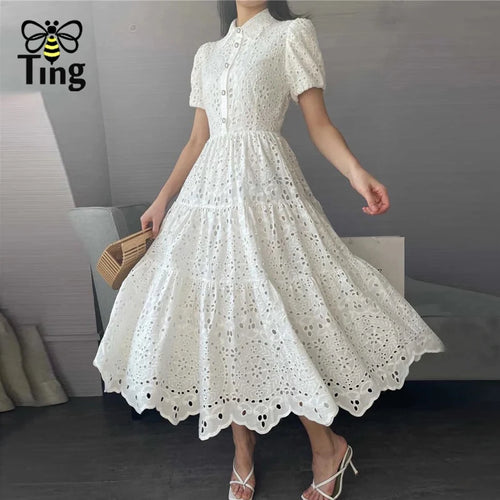 Tingfly Vintage Elegant Damen Sommer Stickerei Hollow Out Midi Lange Kleider Lady Boho A Linie Vestidos Elbise Frocks Vestidos Za