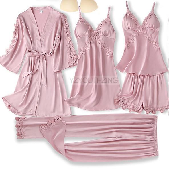 5PCS Robe Suit Satin Women Nightwear Lace Kimono Gown Bridal Wedding Bathrobe Set Sexy Pajamas V-Neck Sleepwear Lounge Lingerie