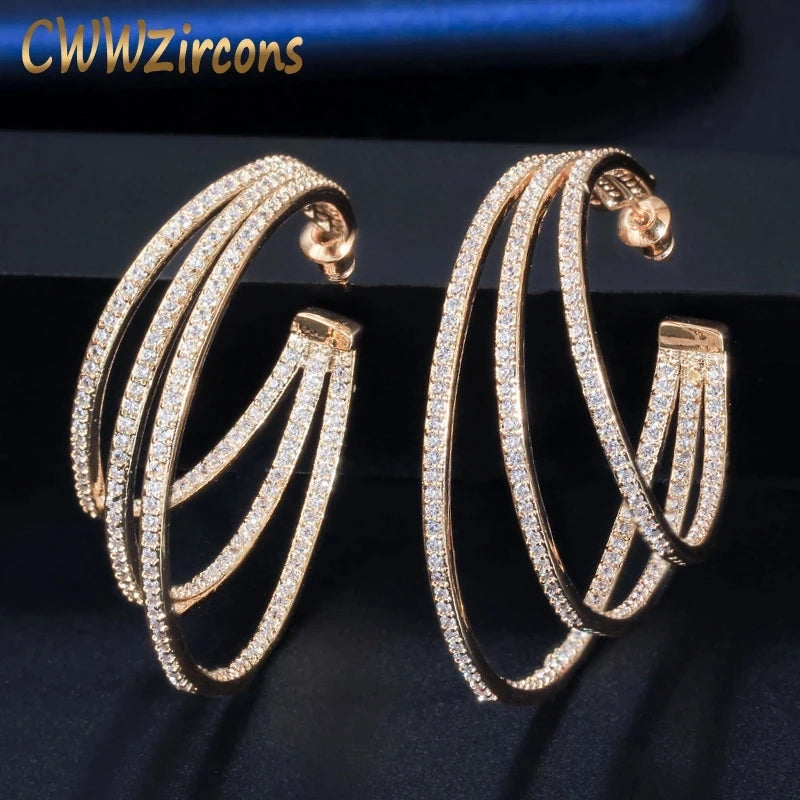 CWWZircons 3 Circle Bling Cubic Zirconia Pave Luxury Yellow Gold Color Big Round Geometric Triple Hoop Earrings for Women CZ581