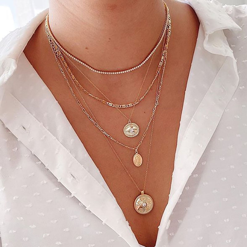 IPARAM Bohemian Jesus Pendant Crystal Chain Necklace Women's Retro Multilayer Coin Geometric Chain Choker Necklace Jewelry Gift