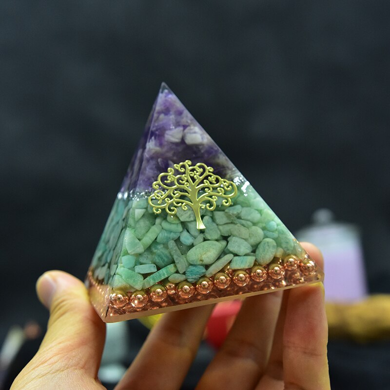 Orgonite Pyramid Jeremiel Ajna Chakra Natural Amethyst Amazonite Overcome Difficulties Resin Pyramid Crafts Decoration