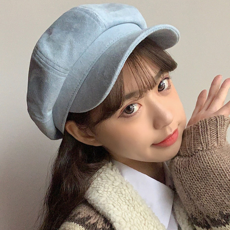 HT2892 Women Hat Retro Octagonal Newsboy Cap Ladies Solid Plain Suede Beret Hat Female Vintage Artist Painter Hat Women Berets