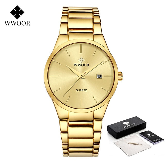 WWOOR Luxury Watch Men Business Sports Mens Quartz Wristwatches Gold Stainless Steel Waterproof Automatic Date Relogio Masculino