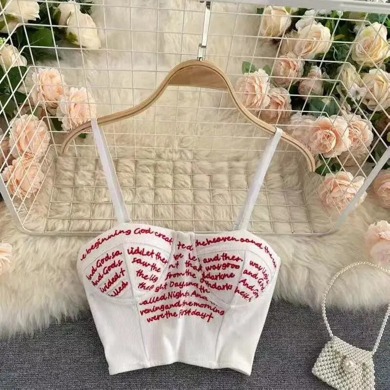 Camis For Women Vest Letter Print Tank Top Woman Elastic Sweet Tops Spaghetti Strap Elegant Knitted French Chic Womens Clothes