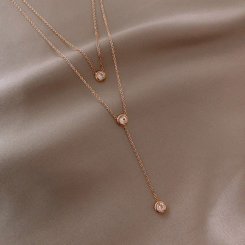 Hot Saleing 925 Sterling Silver Gold Color Shiny Luxury Zircon Double Layer Long Necklaces Women Gift For Women Fine jewelry