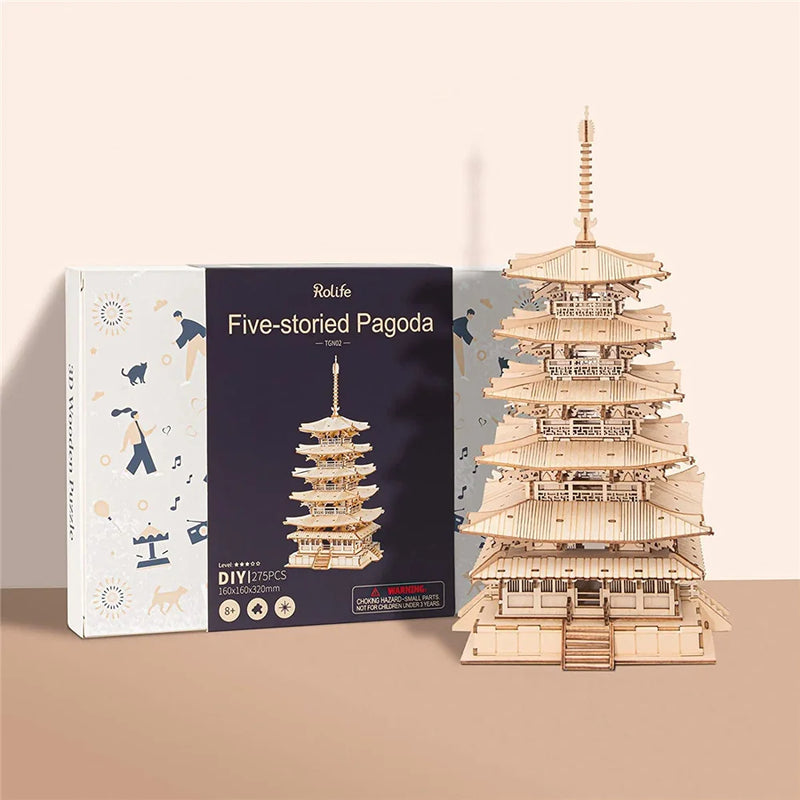 Robotime Rolife 275pcs DIY 3D Five-storied Pagoda Wooden Puzzle Game Assembly Constructor Toy Gift for Children Teen Adult TGN02