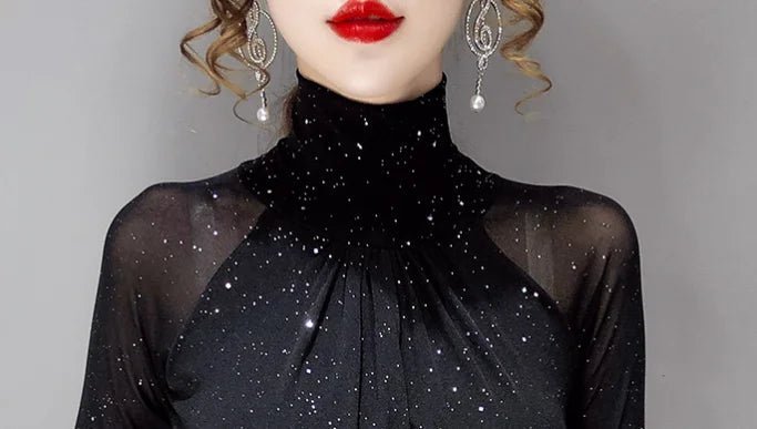 Korean fashion Women Mesh top High neck Sexy Black bottoming t shirt Casual Bright silk Lady shirt Blusa