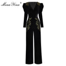 MoaaYina Spring Summer Designer Jumpsuits Women's V-neck Long sleeve Gold Line Embroidery Velvet Jumpsuits