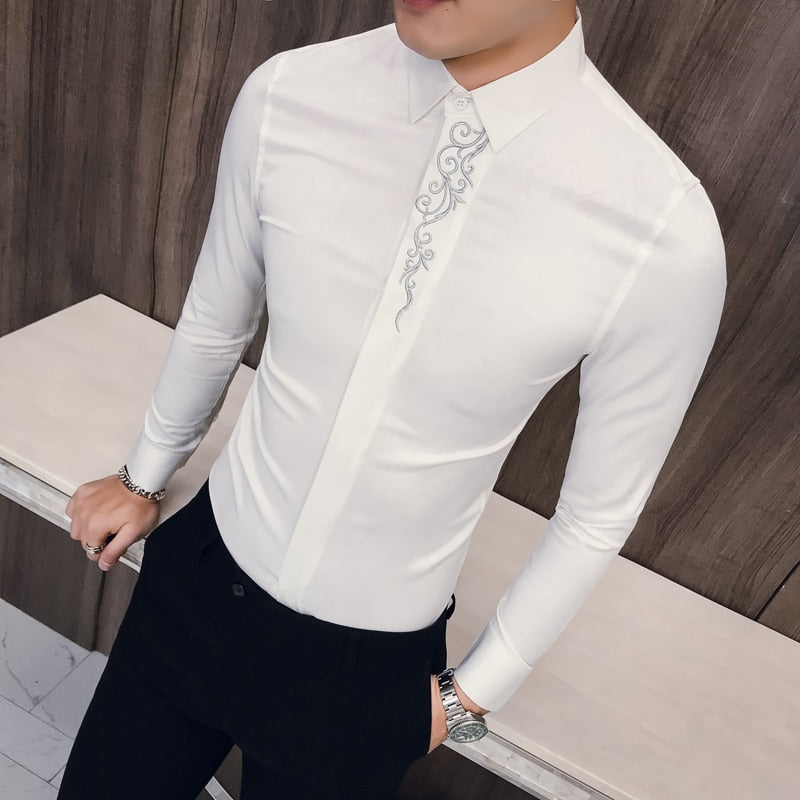 2022 Spring Men's Vintage Embroidered Shirt Long Sleeve Slim Social Club Prom Shirt Men's Casual Business Dress Tuxedo Shirt 3XL