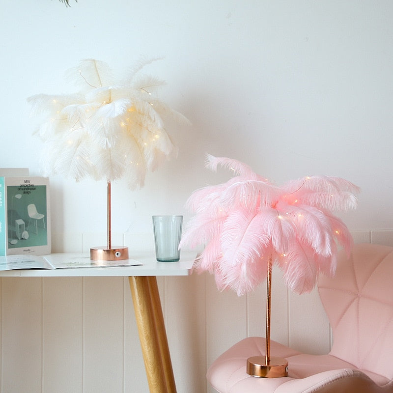 DIY Creative Feather Table Lamp Warm White Light Tree Feather Lampshade Girl LED Wedding Decorative Lights Pink White Birthday