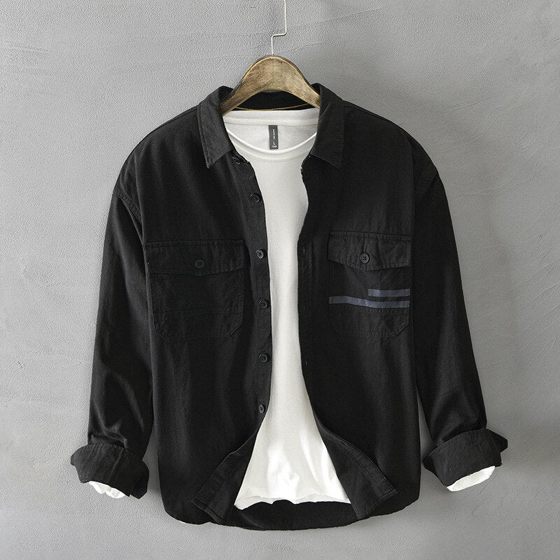 Men Spring Fall Korean Style 100% Cotton Top Quality Shirt Male Casual Loose Long Sleeve Lapel Tops Double Pocket Trendy Outwear