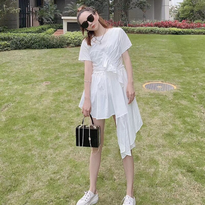 TWOTWINSTYL Eelegant Patchwork Ruffle Woman's T-shirt O Neck Short Sleeve Ruched Asymmetric Oversize Casual Shirt Female Fashion