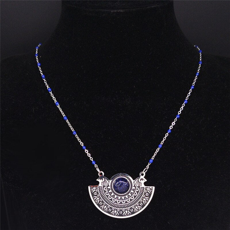 AFAWA Phoenix Bird Stainless Steel Necklace Women Blue Color Natural Stone Statement Necklace Jewelry collar mujer N3312S02