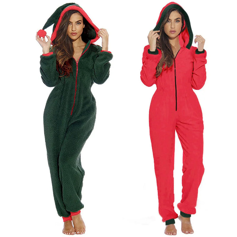 Women Christmas Long Sleeve Hooded Jumpsuits with Zipper Lady Fall Winter Warm Fleece Rompers Festival Holiday Loungewear 2022