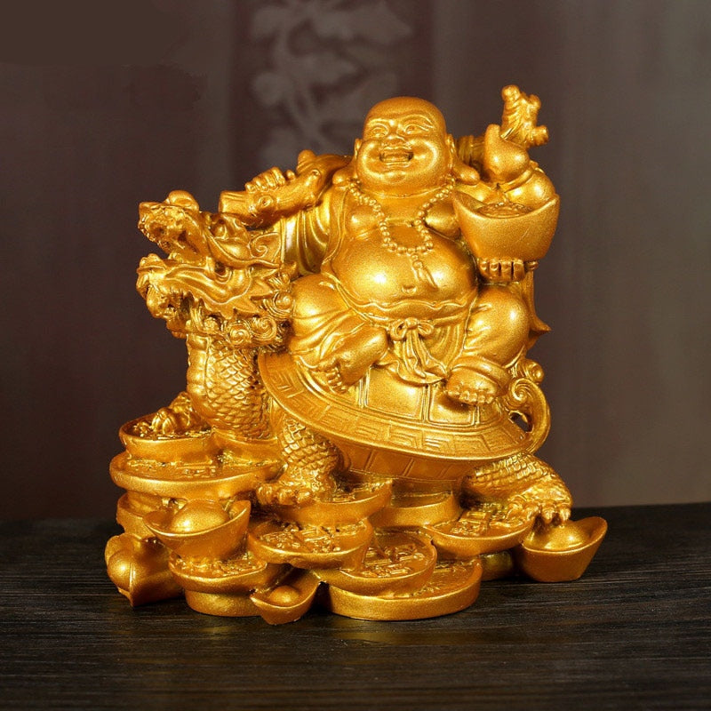 Resin God of Wealth Laughing Buddha Statue，Modern art sculpture，Chinese Home Feng Shui Dragon Turtle Decoration Figurines statue