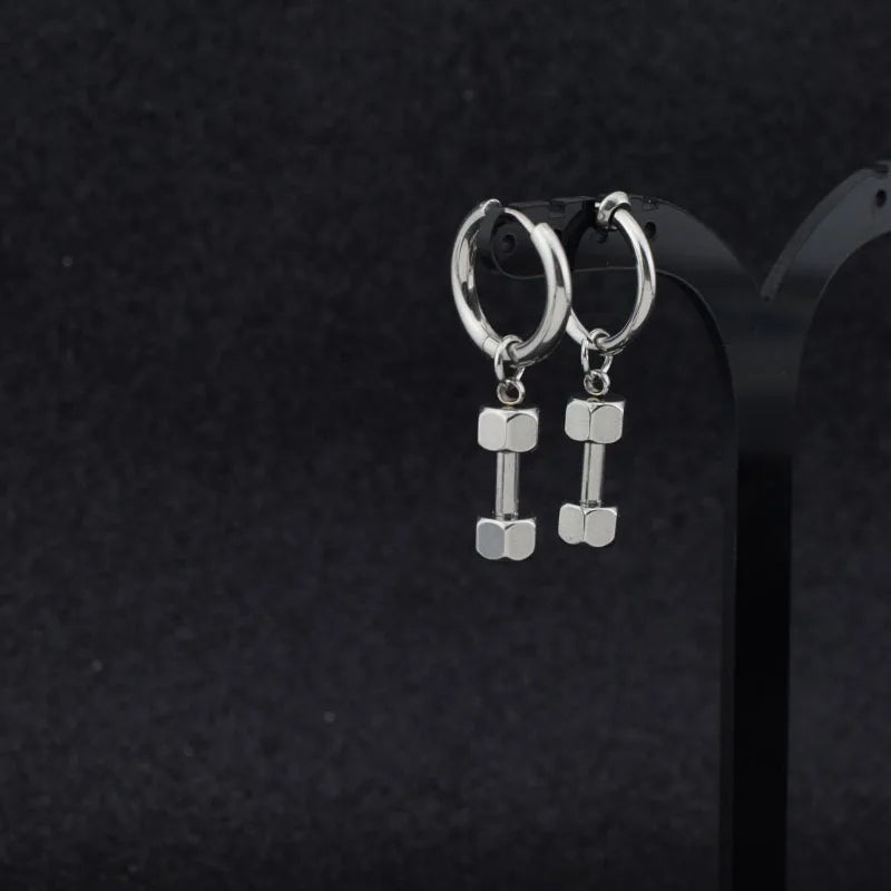 Stainless Steel Earrings for Women Men Dumbbell Pendant Ear Clip Punk Rock Rap Hip Hop Stud Earrings Boys Girls Jewelry Unisex
