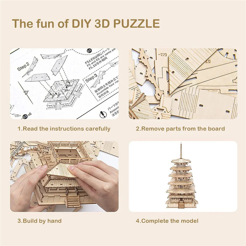 Robotime Rolife 275pcs DIY 3D Five-storied Pagoda Wooden Puzzle Game Assembly Constructor Toy Gift for Children Teen Adult TGN02