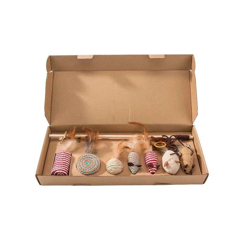 Wood Cat Toy Feather Set Interactive For Pets Fishing Rod Funny Pet Products Mouse Paw Games Cute Toys Linen Cats Stick Dropship