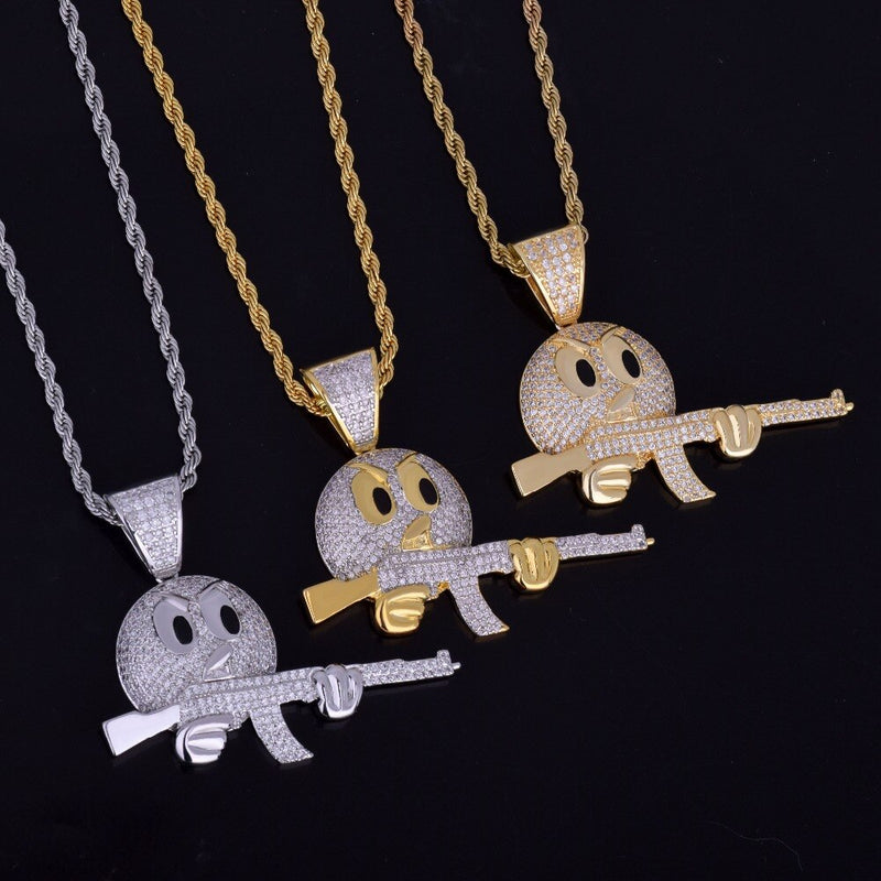 Cartoon Round Face With Gun Necklace &amp; Pendant Gold Color Cubic Zircon Men&