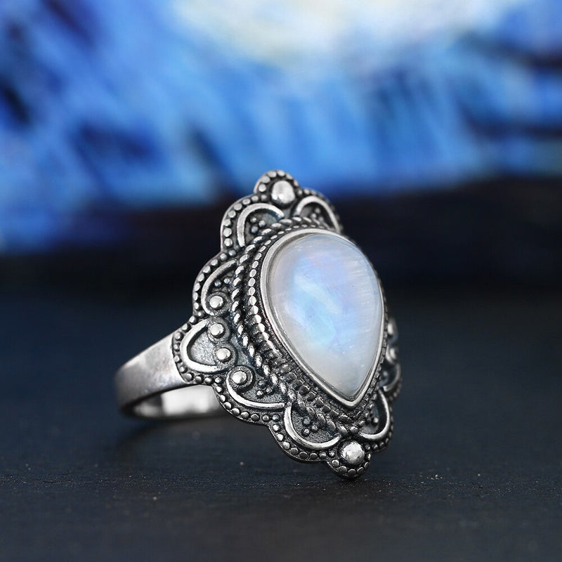 S925 Sterling Silver Rings Natural Moonstone Lapis Ring for Women Vintage Gemstone Rings Gift Fine Jewelry