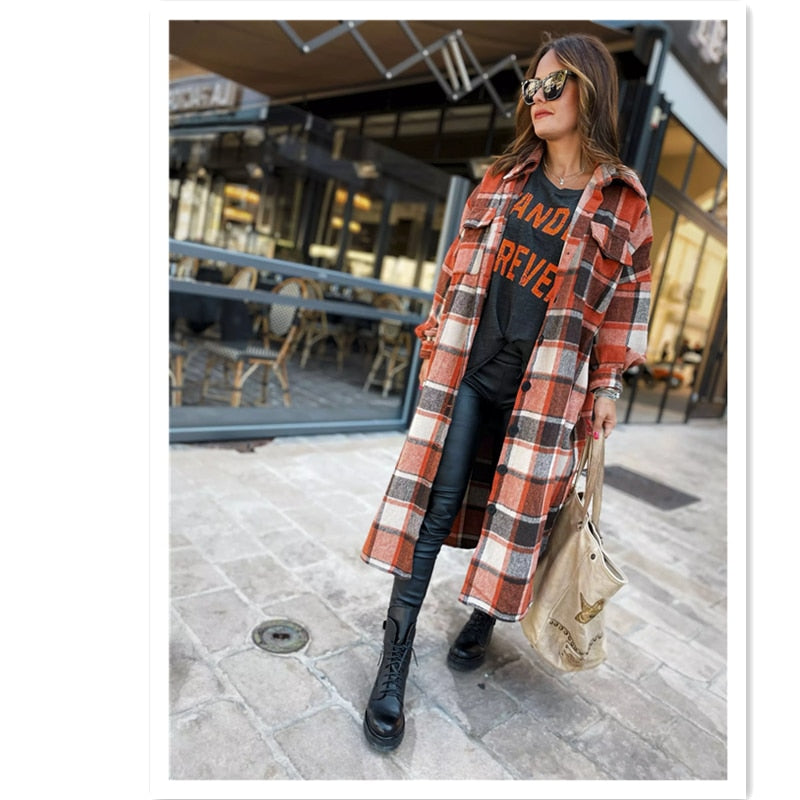 Women's Fashion Long Plaid Coat Autumn Shirt Coat Woolen Coat Streetwear Women Clothing Loose Coat Female Casual Jacket