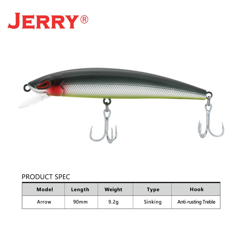 Jerry Arrow Sinking Minnow Fishing Lure Freshwater Saltwater Baits For Bass Pike 9cm UV Color Rattling Hard Baits