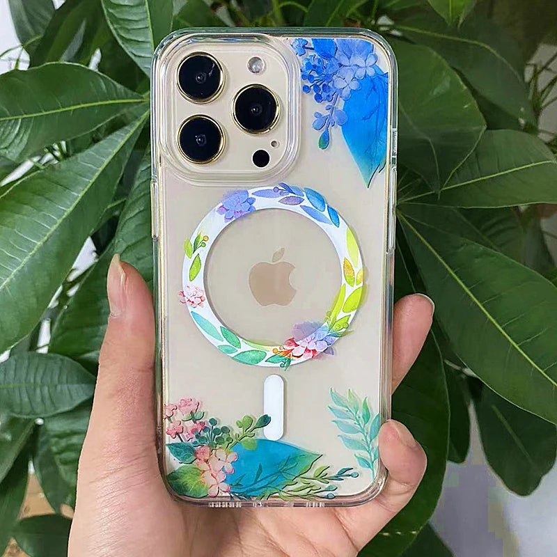 Flower Pattern Clear Magnetic Case for Magsafe Charger Iphone 11 12 13 14 15 Pro Max Plus Mini XsMax Silicon Cover for Iphones