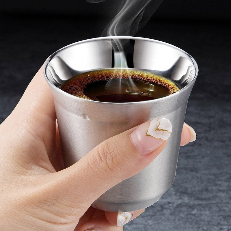 Stainless Steel Espresso Cups Set of 2 - Double Wall Insulated Metal Espresso Cups Travel Espresso Cup Glass Sets With Spoon