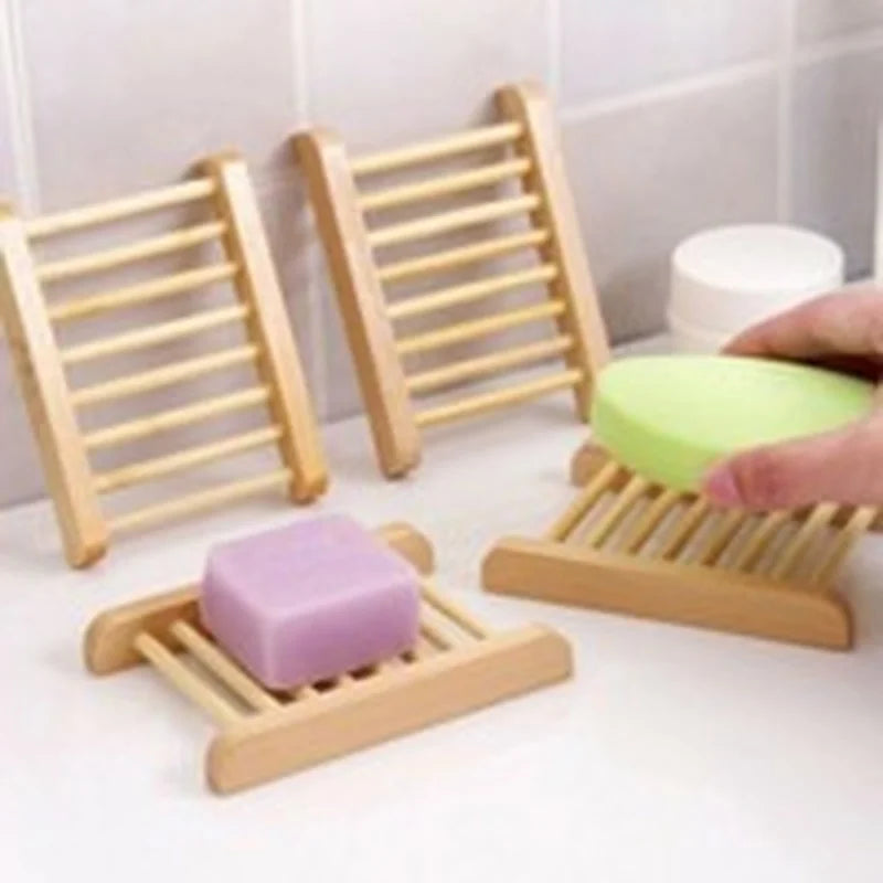 6Pcs Natural Bamboo Wood Bathroom Shower Soap Tray Dish Storage Holder Plate