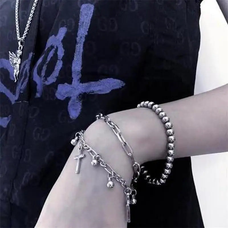 Gothic Hip Hop Metal Cross Pendant Charm Bracelet for Women Female Beads 2 Layering Linked Chain Bracelets Cool Jewelry Gift