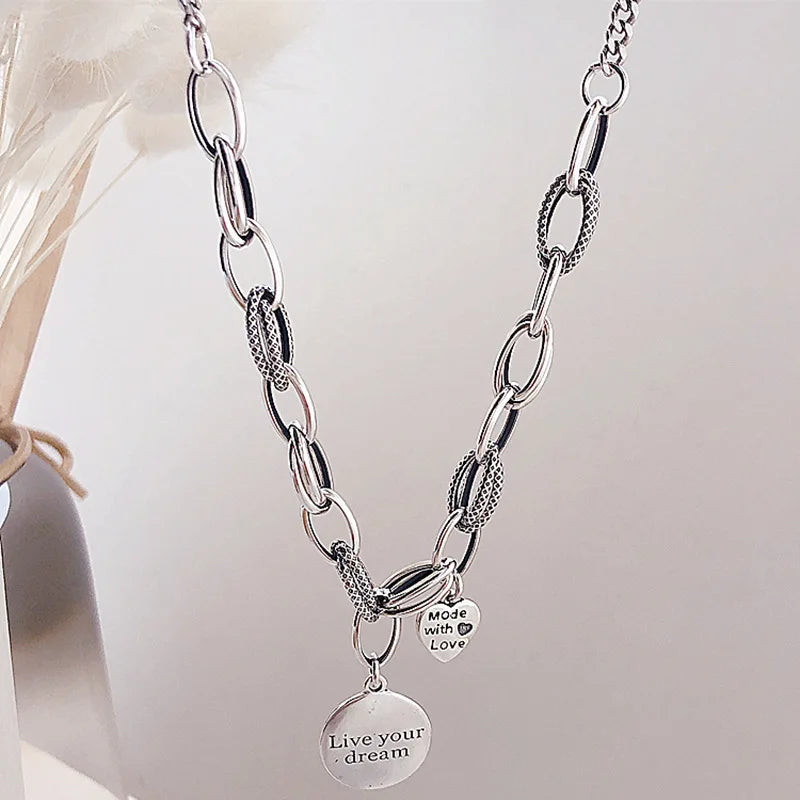 FOXANRY Stamp Thick Chain Necklace INS Fashion Hip Hop Vintage Design LOVE Heart Pendant Thai Silver Party Jewelry