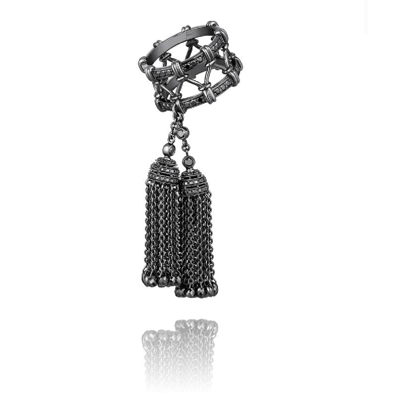 925 Sterling Silver Rings for Women with Double Tassel Rings with Crystal droplets White and Black Color Luxury Jewelry