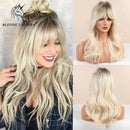 BLONDE UNICORN Long Wavy Synthetic Hair Wigs Brown Root Ombre Platinum Women Natural Wig Hair with Bangs Heat Resistant Fiber