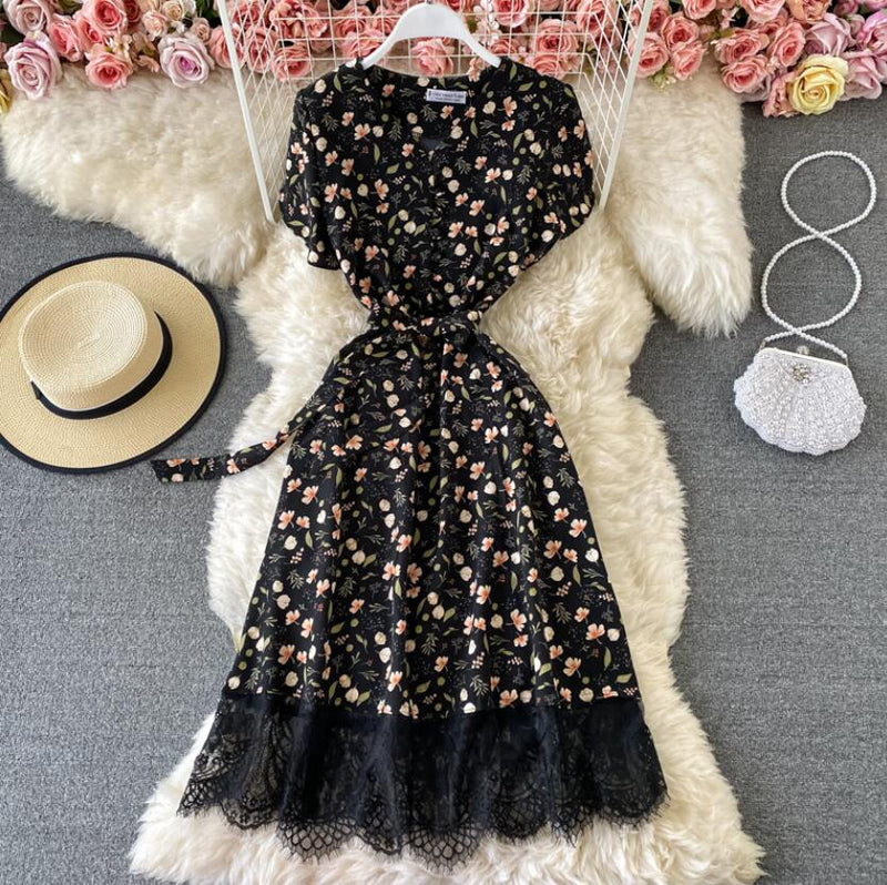 2021 Elegant V Neck Floral Print Chiffon Dress Summer Short sleeve Bandage Slim Lace Stitching Women Mid-calf Dress