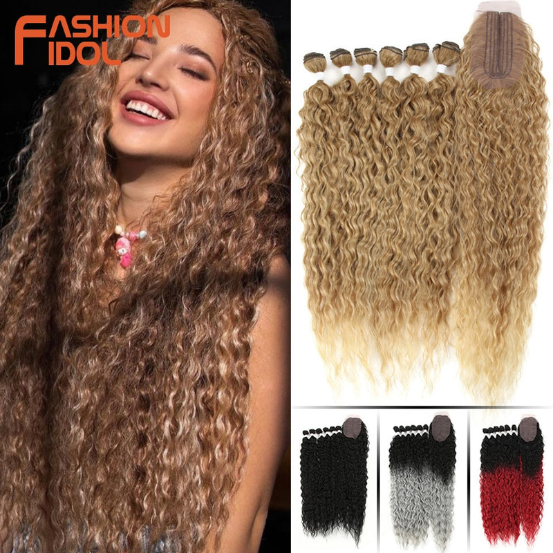 Synthetic Fake Hair Extensions Afro Kinky Curly Hair Bundles With Closure Ombre Golden 30 inch Soft Super Long Wave Hair Weave