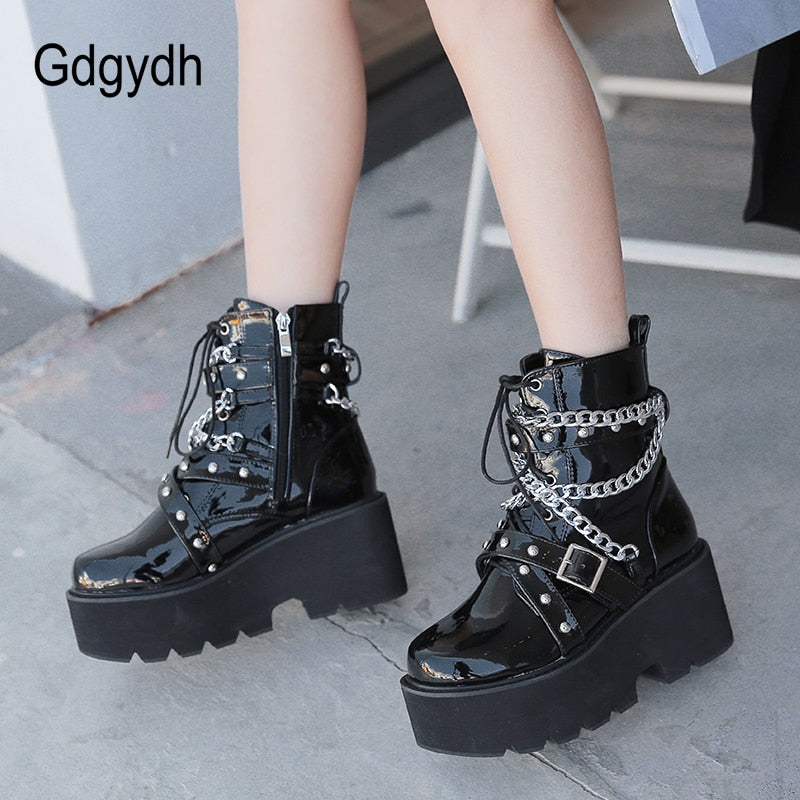 Gdgydh Autumn Winter Boots Women Sexy Chain Boots Ankle Buckle Strap Ankle Boots Square Heel Thick Sole Platform Rock Punk Style