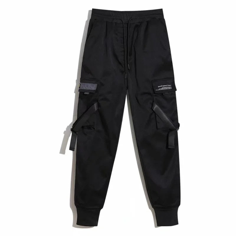 2023 Streetwear Men Ribbons Pants Homme Black Pockets Man Cargo Pants Harem Joggers Harajuku Sweatpant Hip Hop Trousers