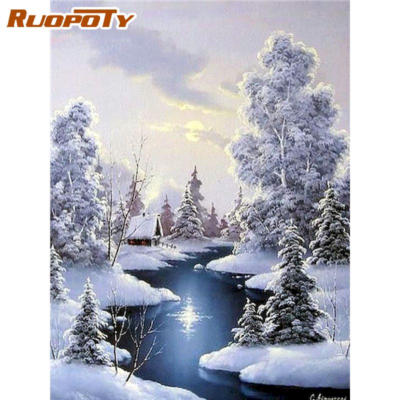 RUOPOTY Flying Snowflakes Landscape Painting By Numbers Kits For Kids Diy Paints Framed Unique Gift For Bedroom Wall Decor Arts