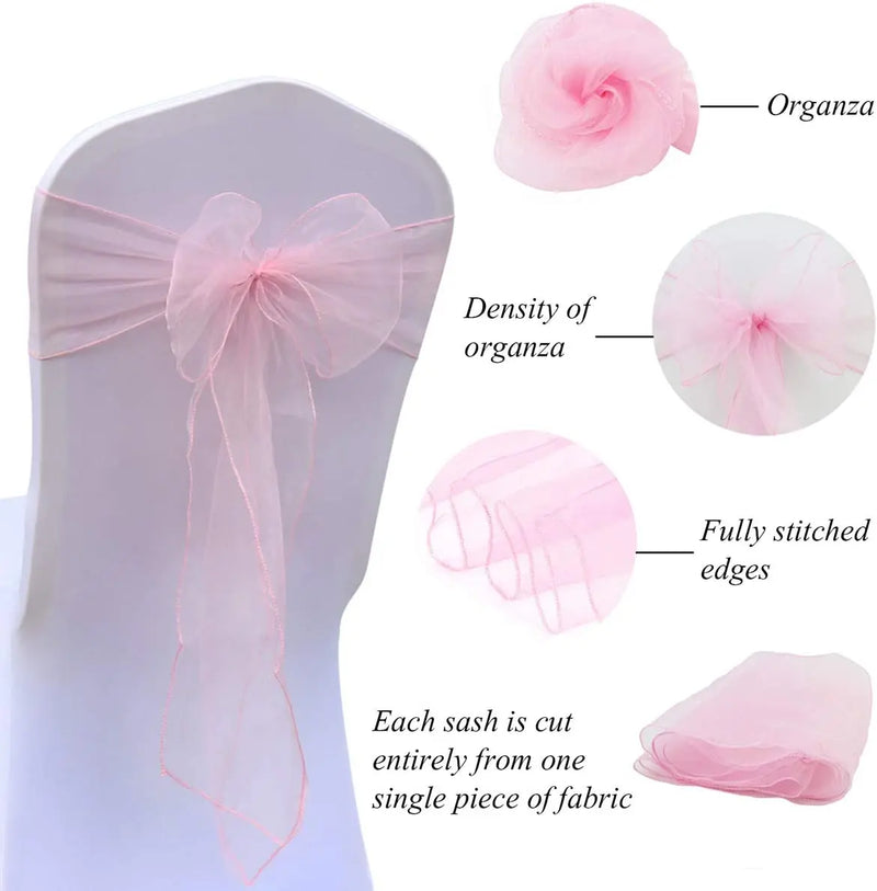 Wedding Decoration Organza Chair Sashes Bow For Party Christmas Halloween hotel Chair Decoration Supplies(Pack of 50pcs  pink)