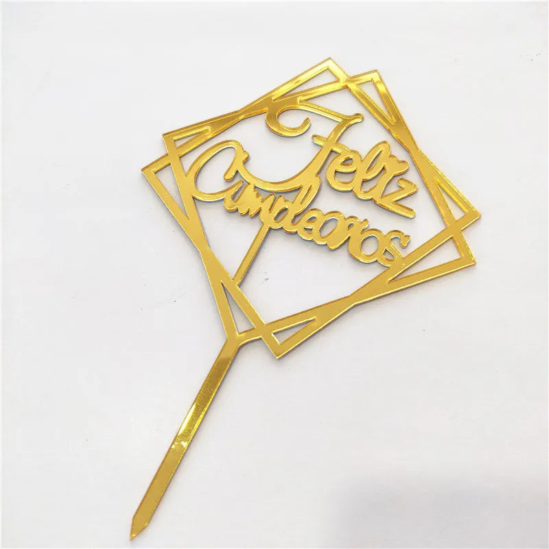 Golden Acrylic Happy Birthday Cake Topper Spanish language Birthday Party Cake Toppers For Kids holiday gifts Dessert Decoration