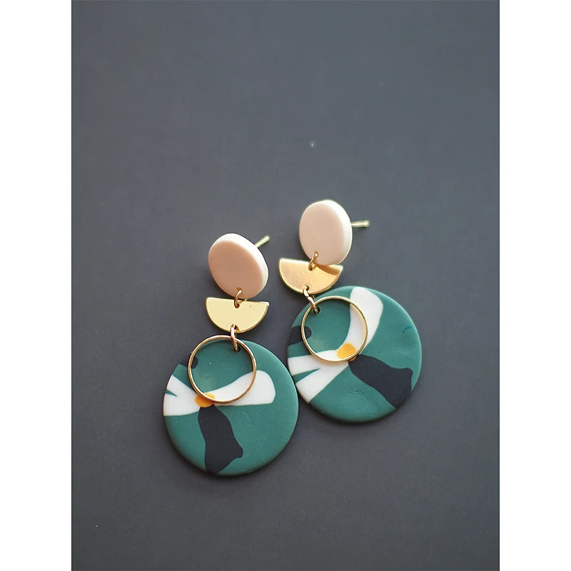 Colorful Natural Round Disc Floral Abstract Pattern Handmade Polymer Clay Brass Hoop Statements Dangle Earrings Women Jewelry