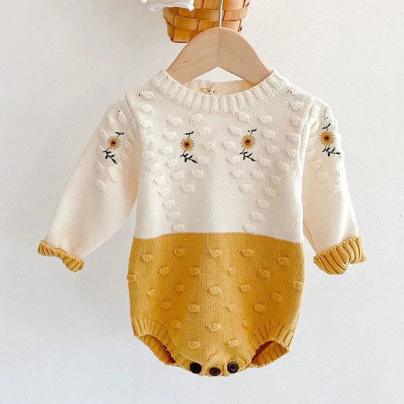 Spring Baby Girl Rompers Girl Long Sleeves Knit Sunflower Embroider Rompers Autumn Baby Girl Newborn Rompers Clothes