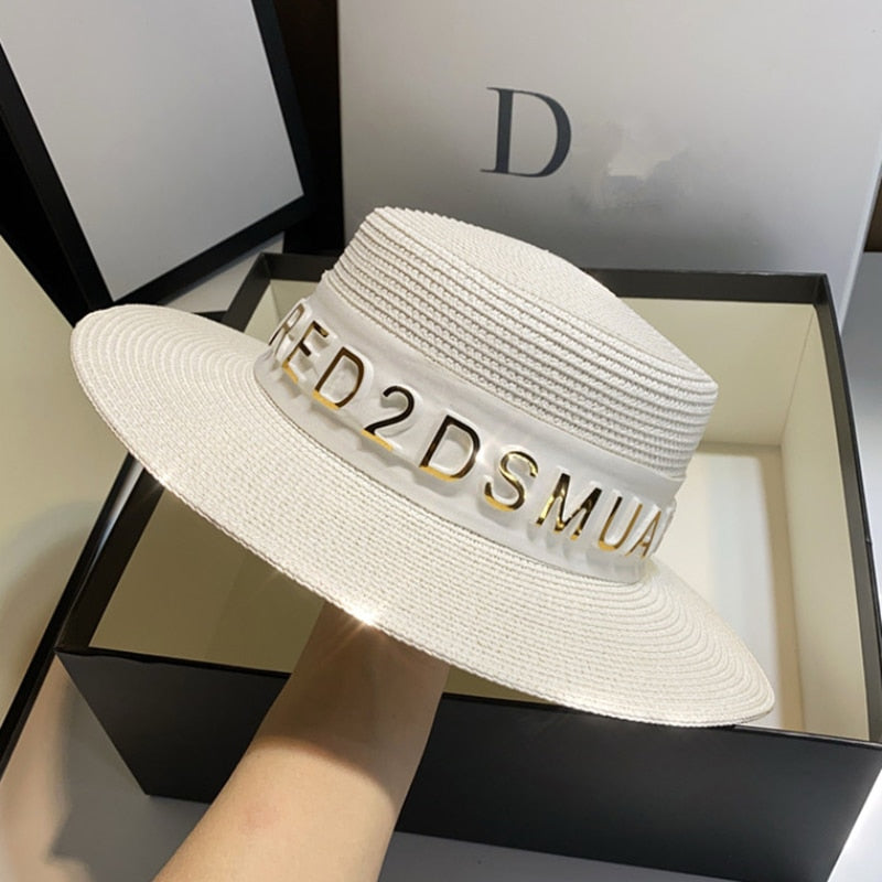 New Summer Sun Hats Women Fashion Girl Straw Hat Ribbon Bow Beach Hat Casual Straw Flat Top Panama Hat Bone Feminino