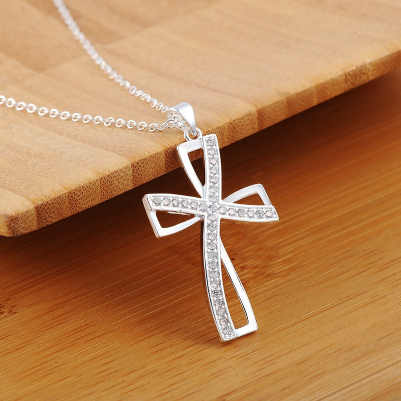 DOTEFFIL 925 Sterling Silver 18 Inches Cross AAA Zircon Pendant Necklace For Women Fashion Wedding Party Charm Jewelry