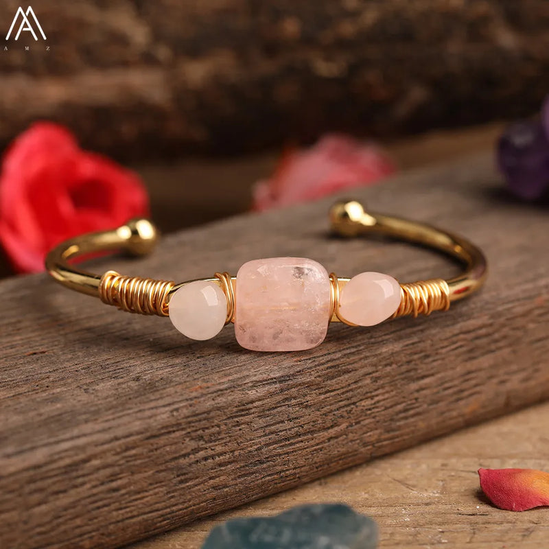 Natural Quartz Stone Beads Gold Bracelets Women Citrines Roses Quartz Chip Beads Open Cuff Bangles Bracelets Friendship Jewelry