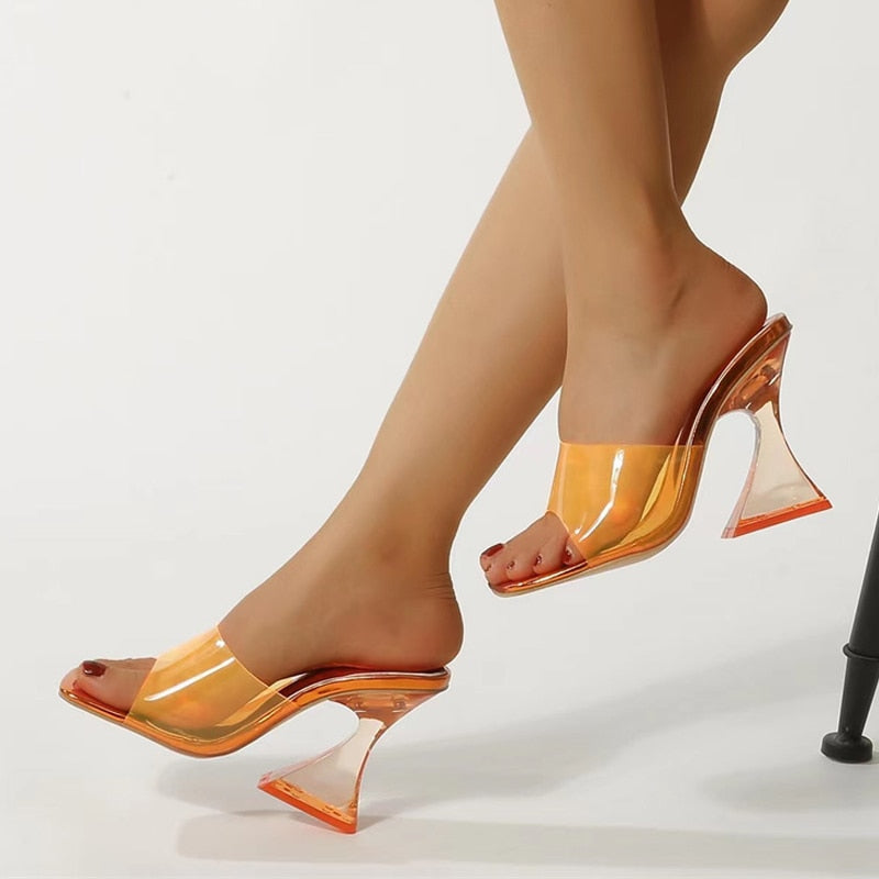 Strange Style Transparent Heels Slippers Ladies Fashion Female Mules Slides Summer Shoes Women Orange Green PVC Jelly Sandals