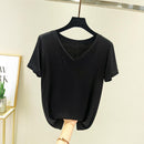 chic casual  Cotton T Shirt Ribbed Short Sleeve Women Summer Basic v-neck T shirt Loose Candy Color T-shirt Tee Female