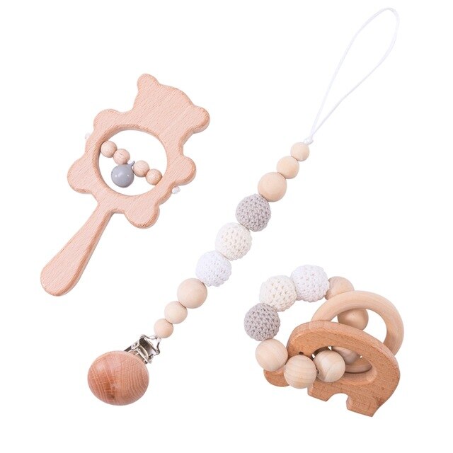 1set Baby Toys Wooden Rattle Bear Shape Hand Teething Baby Teether Musical Pacifier Chain Montessori Educational Stroller Toys